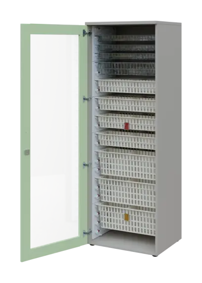 EUROMEDICA S - 66 skříň léková boxová, 1-dveřová/prosklená, levá, 1950x660x535, korpus šedý, dvířka šedo-zelinkavá